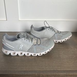 On cloud, gray tennis shoes, size 9